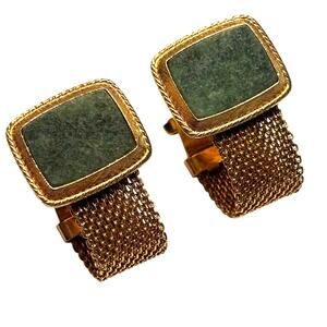 Vintage Mid Century Wrap Cufflinks goldtone mesh & green faux marble classics